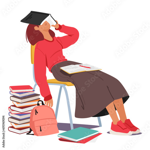 Tired Student Girl Peacefully Sleeps, Surrounded By A Fortress Of Books, Finding Solace In Embrace Of Dreams