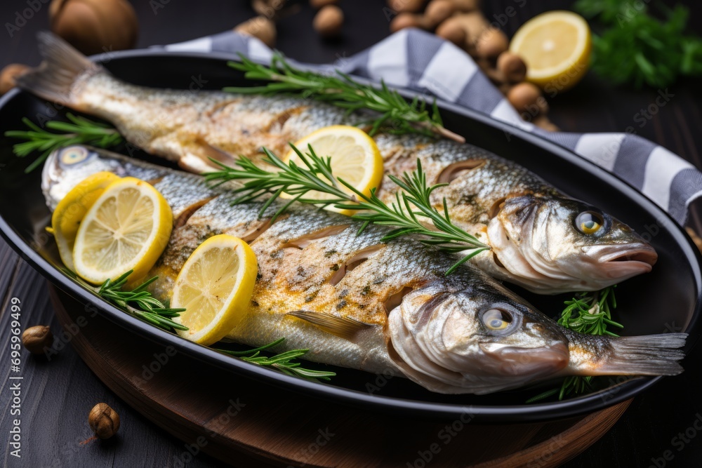 Succulent and flavorful roasted fish with perfectly crispy skin, expertly prepared in a sizzling pan Succulent and flavorful roasted fish with perfectly crispy skin, expertly prepared in a sizzling pan