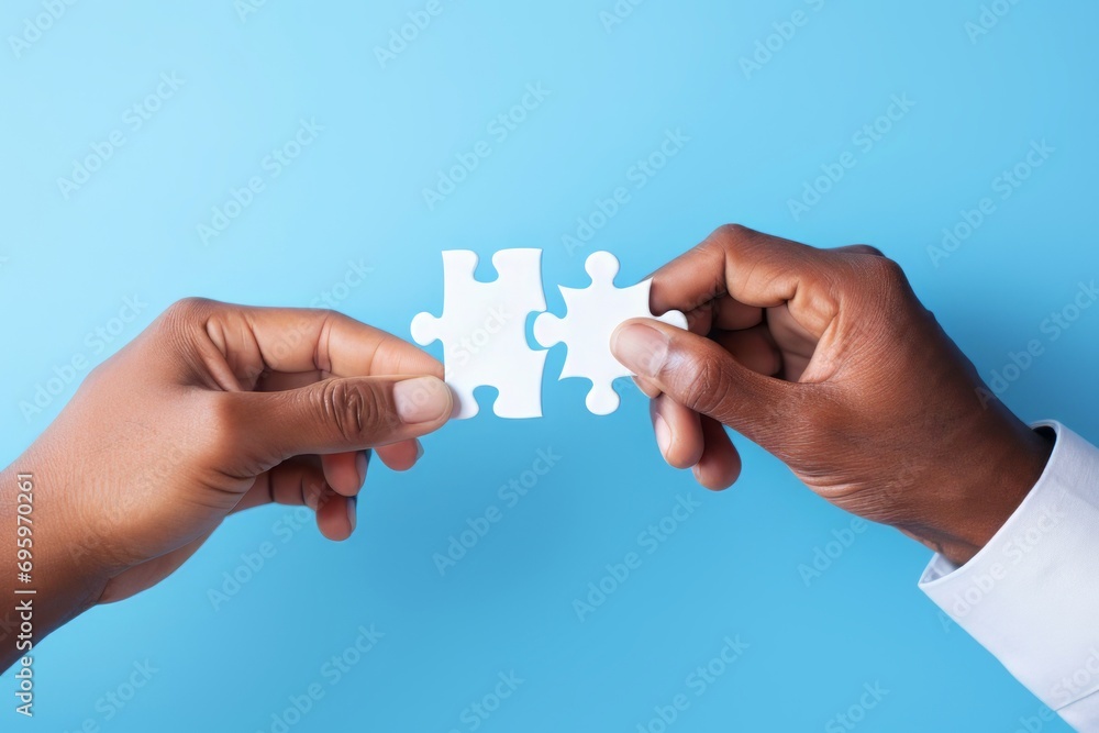 close up image of two businesspeople connecting jigsaw puzzle pieces on blue background. business solutions and success concept.
close up image of two businesspeople connecting jigsaw puzzle pieces on blue background. business solutions and success concept.
