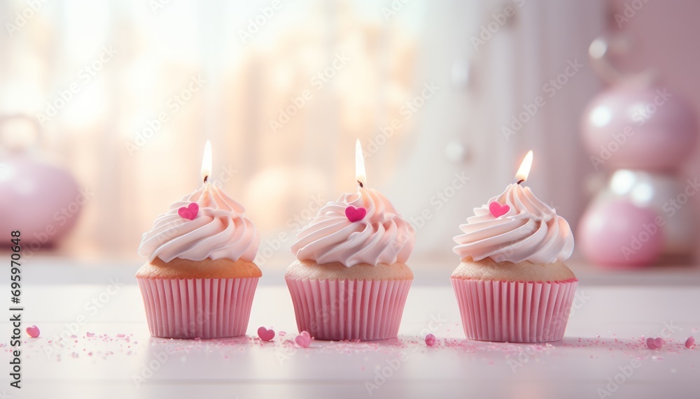 Pink candle on birthday cupcake against light pink background for festive celebration