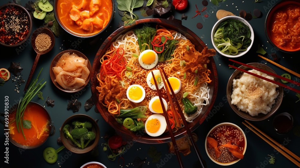 assorted asian delicacies in top-down view – vibrant culinary composition in bowls