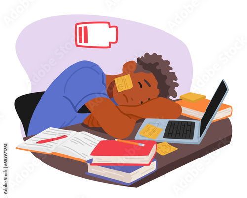 Tired, Fatigue Student Boy Rests His Head On The Desk, Laptop Open And Surrounded By Books, Succumbing To Exhaustion