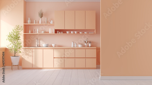 Peach fuzz room ,minimal luxury kitche room interior  ,peach color paint wall. color of the year 2024 , 3d render photo