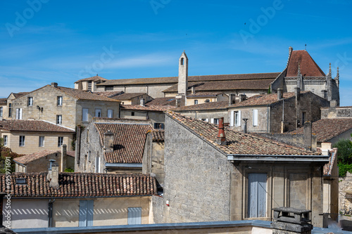 Views of old houses and streets of medieval town St. Emilion, production of red Bordeaux wine on cru class vineyards in Saint-Emilion wine making region, France, Bordeaux