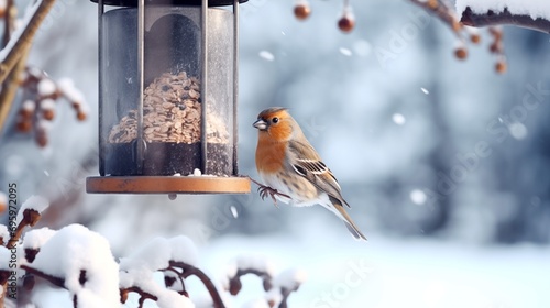 Chaffinch sitting on a bird feeder in the winter.