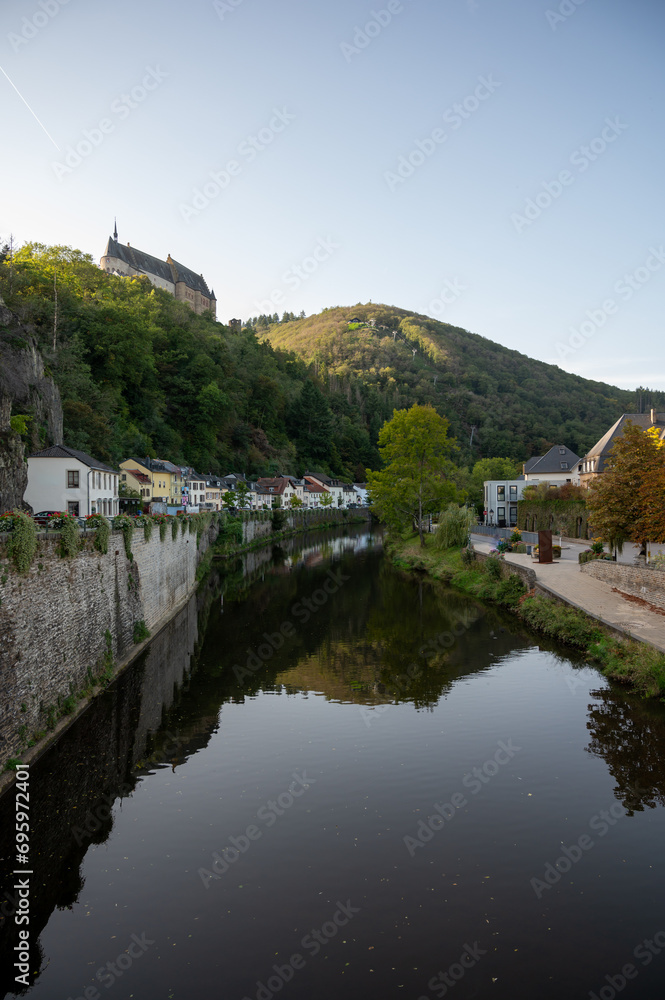 Views of Vianden commune with town status in Oesling, north-eastern Luxembourg, capital of  canton of Vianden lies on the Our river, near border between Luxembourg and Germany.