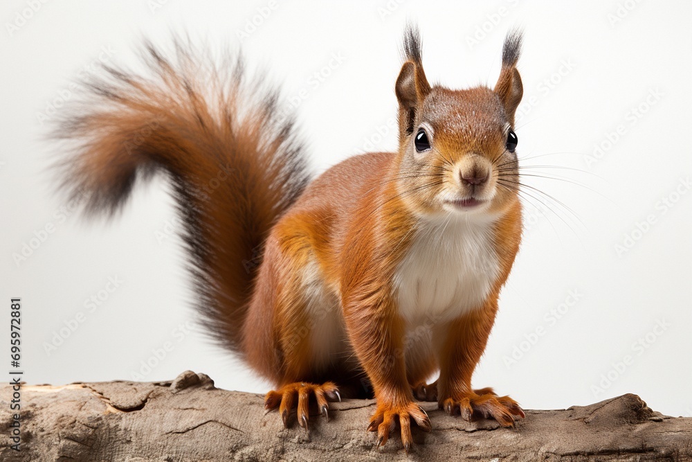 Obraz premium Portrait of a pretty red squirrel sitting on a branch on a monochrome light background in the studio. A beautiful red squirrel. The concept of protecting wild animals