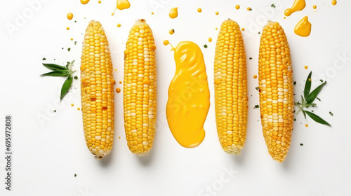 Top view of sweet corn with cheese sauce on white background.