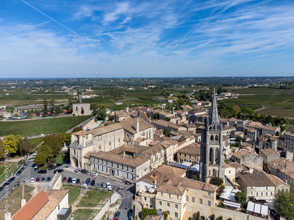 Aerial views of green vineyards, old houses and streets of medieval town St. Emilion, production of red Bordeaux wine on cru class vineyards in Saint-Emilion wine making region, France, Bordeaux