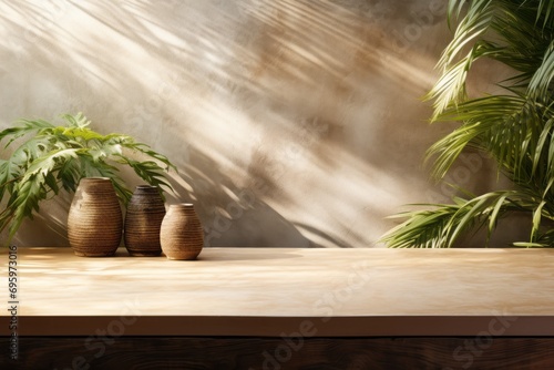 Organic skincare and beauty products gracefully presented on a rustic wooden counter table