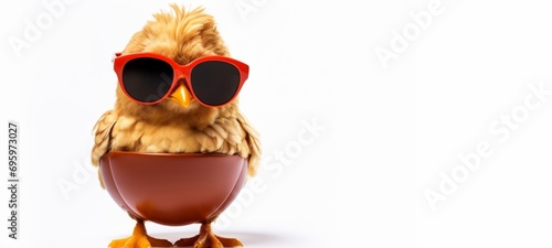 Funny easter concept holiday animal greeting card - Cool cute little easter chick baby with sunglasses, isolated on white table background