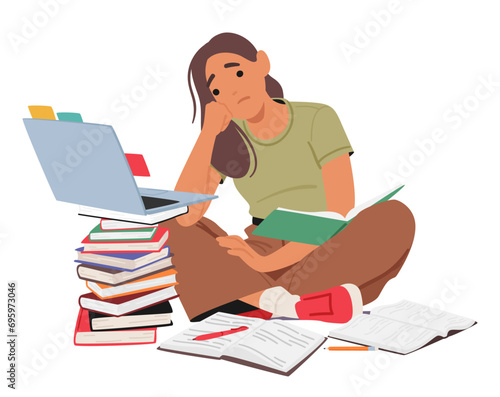Exhausted, Sad Student Girl Slumps Over A Laptop Atop A Precarious Stack Of Books, Showcasing Academic Pursuits