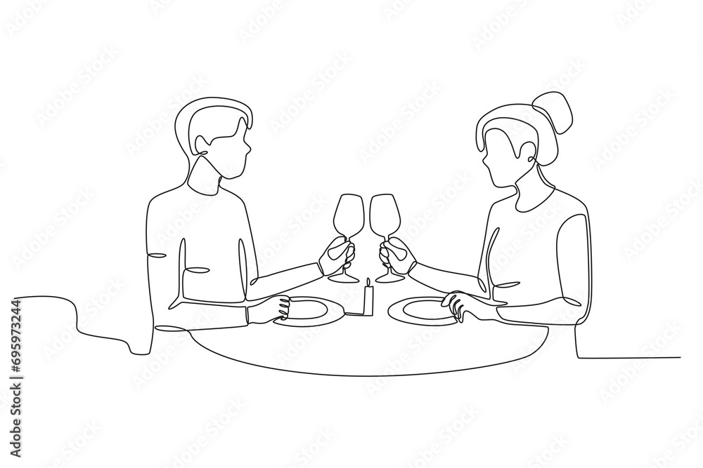 Happy lovers have dinner. Candle light dinner one-line drawing