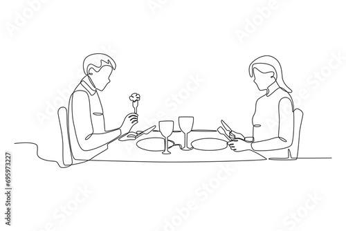 A couple have a luxurious dinner. Candle light dinner one-line drawing