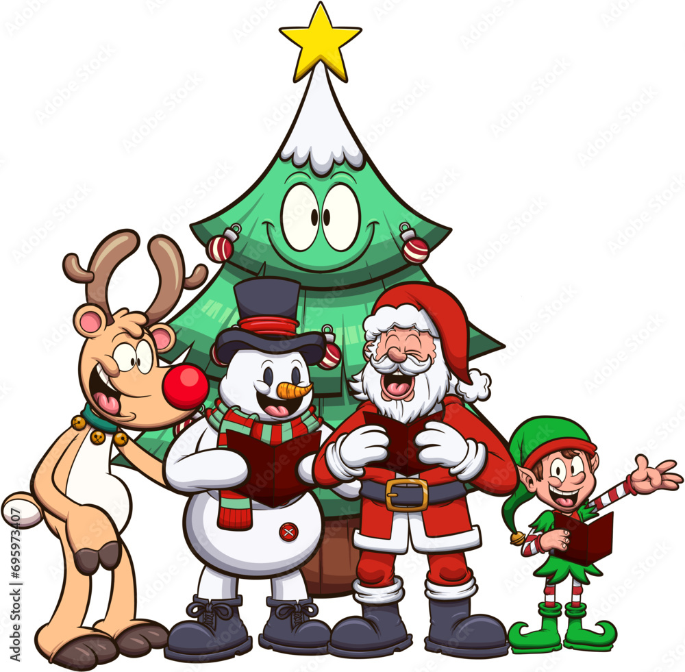 Christmas Characters Singing. Vector illustration with simple gradients.