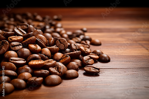 Coffee beans on a rustic wooden table  creating a simple and inviting scene for coffee enthusiasts