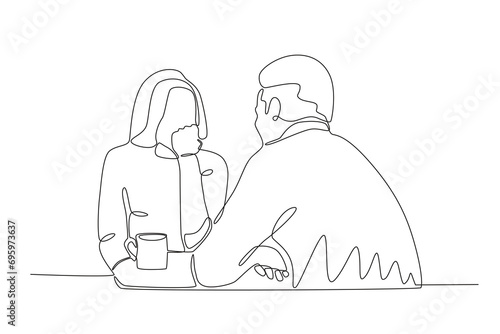 A couple talks romantically with a cup of tea. Candle light dinner one-line drawing