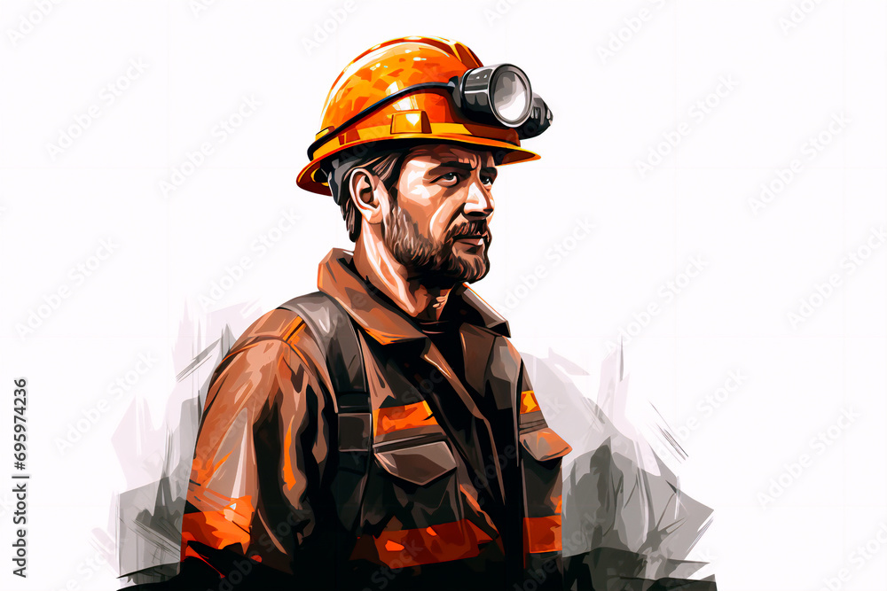 Vector illustration: Miner in work clothes and protective helmet standing near coal against a white background, emphasizing the mining industry. Vector illustration: Miner in work clothes and protective helmet standing near coal against a white background, emphasizing the mining industry.