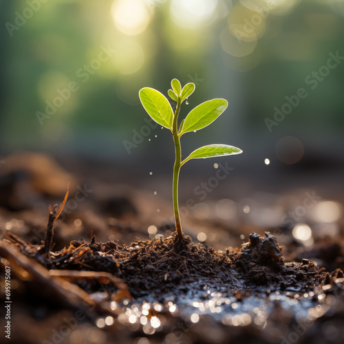 young plant in the soil plant growth sustainable green Eco friendly environment early morning Generative AI
