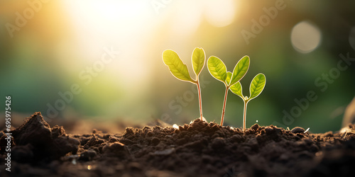 young plants sprouting from the ground .growing a plant on soil. against sunny background .AI Generative.  photo