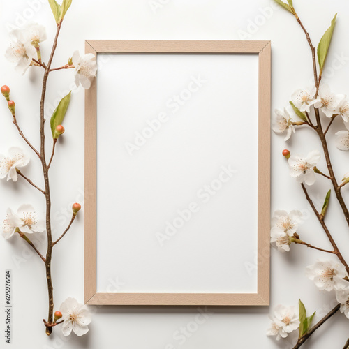 Fotografia de estilo mockup con detalle de marco de madera sobre fondo de color blanco, con detalles de flores photo