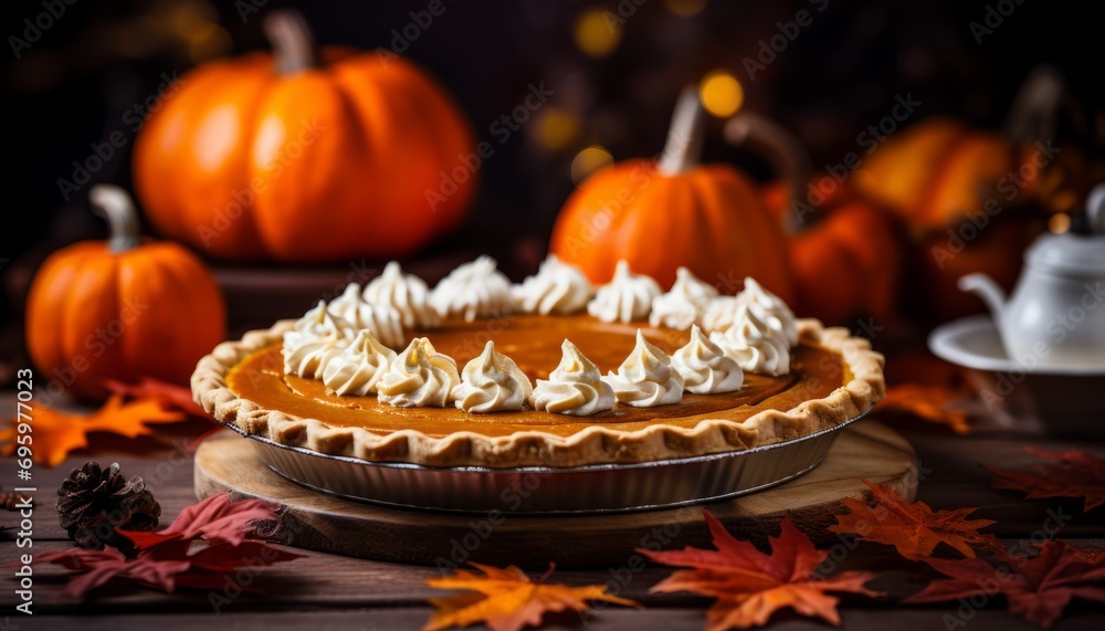 Delicious pumpkin pie on rustic wooden background, ideal for autumn and thanksgiving celebrations