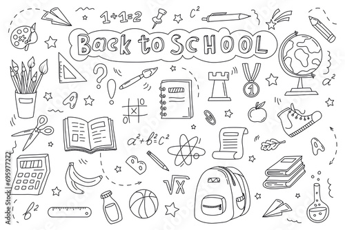 Hand drawn school supplies. Back to school doodle large set of elements. School object collection. Sketch icon set. Good for wrapping paper, stationery, scrapbooking, wallpaper, textile prints      