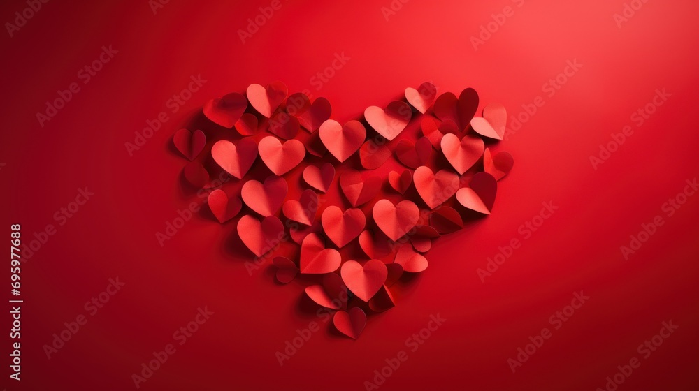 Red Paper Hearts Forming a Larger Heart on Red Background. A creative arrangement of smaller red paper hearts collectively shaping a large heart on red background