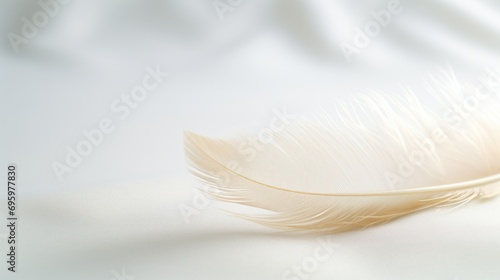 A single  delicate white feather resting gracefully on a smooth  soft fabric surface  embodying lightness and purity.