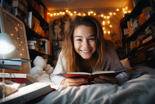 Educational Ambiance. Teenage Girl Studying in Her Bedroom