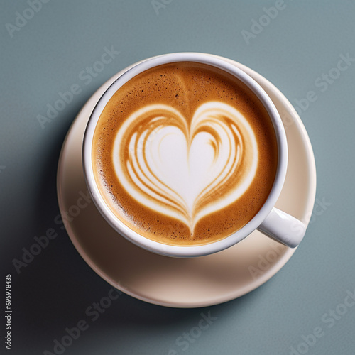 Fotografia con detalle de taza de cafe con dibujo de forma de corazon con la crema, sobre fondo de tonos neutros