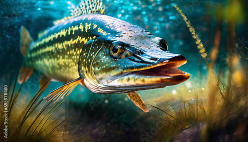 Extreme close-up of a beautiful pike fish underwater, at the bottom of a pond, lake or river. Esox lucius. Generative Ai. © Alberto Masnovo