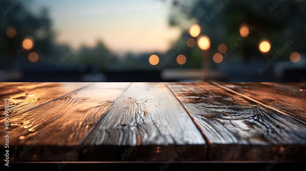 Surface of a wooden table on a blurred nature background with bokeh.