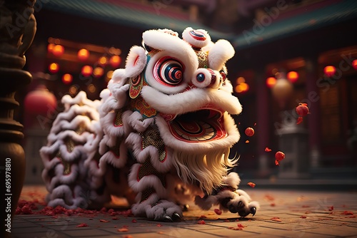 Spirited Tradition Chinese Traditional Lion Dance Costume Enchants in Temple Performance During Lunar New Year Celebration and Chinese New Year Festivities. created with Generative AI