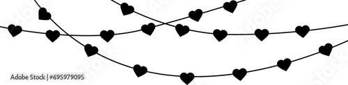 Black heart icons set. Valentine's day decoration. Valentine's day seamless banner or border. Hanging hearts seamless border. Hearts garland.