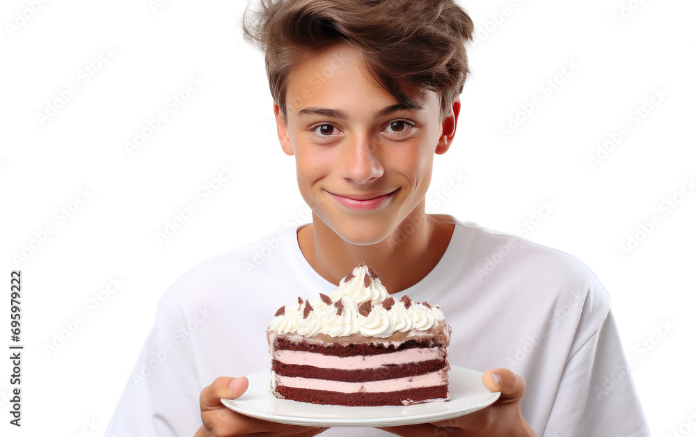 Youthful Guy Poses with a Slice of Luscious Rich Chocolate Isolated on Transparent Background PNG.