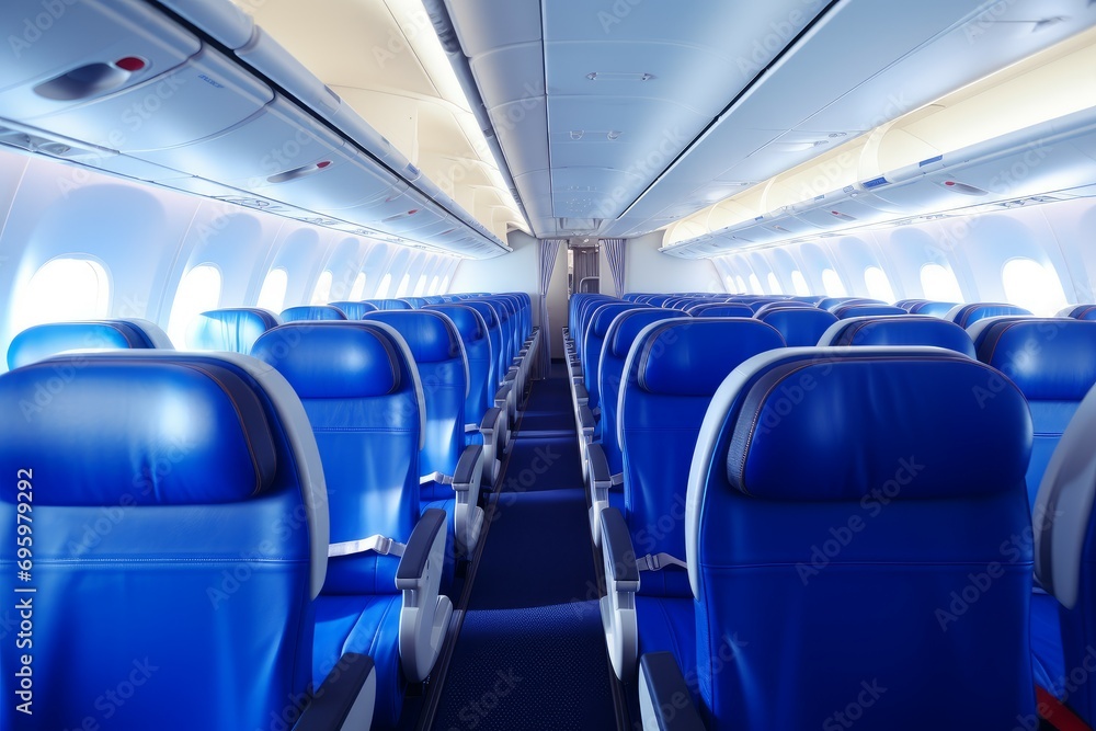 Serene Empty aircraft blue interior light. People chair. Generate Ai Serene Empty aircraft blue interior light. People chair. Generate Ai