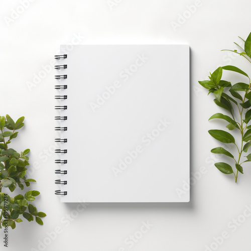Fotografia de estilo mockup con detalle de libreta de anillas con hojas en blanco,sobre fondo de tonos claros 
