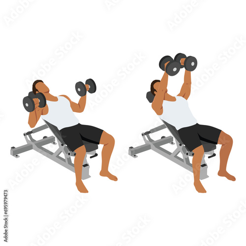 Man doing incline dumbbell bench press twist exercise. Flat vector illustration isolated on white background photo