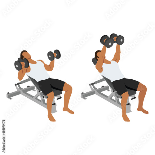 Man doing incline dumbbell bench press twist exercise. Flat vector illustration isolated on white background