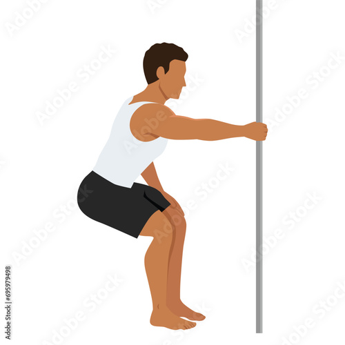 Man doing latissimus dorsi back stretch. Man holding bar static stretch. Flat vector illustration isolated on white background