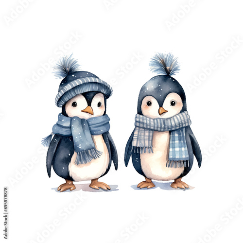 water color clip art winter penguin dresses in hat