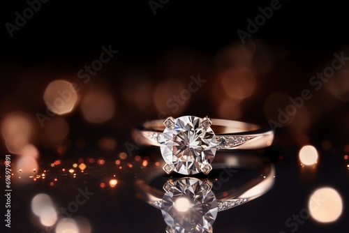 Diamond ring sparkling under a spotlight, reflective background, product photography, elegant and sophisticated. Generative AI