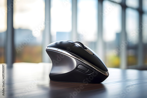 Ergonomic vertical computer mouse on workplace. AI generated photo