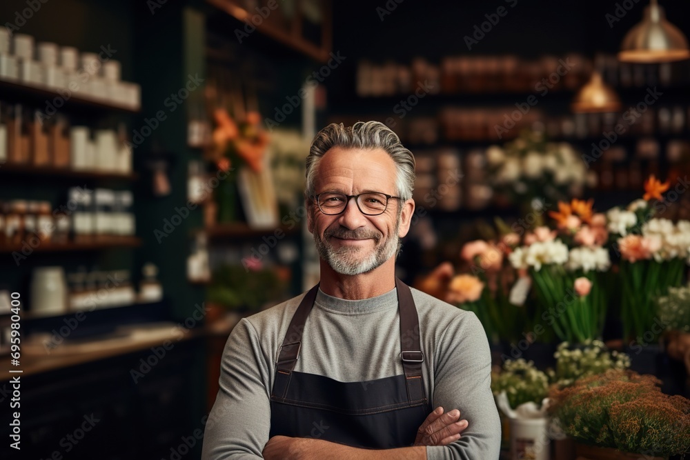 Entrepreneurial Gaze Middle-Age Small Shop Owner Stands Proud, Facing the Camera in a Captivating Business Portrait, Exemplifying the Essence of Own Business Concept. created with Generative AI Entrepreneurial Gaze Middle-Age Small Shop Owner Stands Proud, Facing the Camera in a Captivating Business Portrait, Exemplifying the Essence of Own Business Concept. created with Generative AI