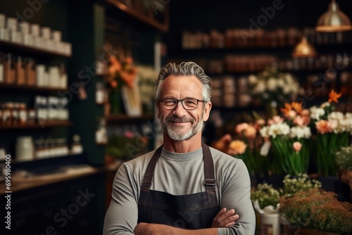 Entrepreneurial Gaze Middle-Age Small Shop Owner Stands Proud, Facing the Camera in a Captivating Business Portrait, Exemplifying the Essence of Own Business Concept. created with Generative AI