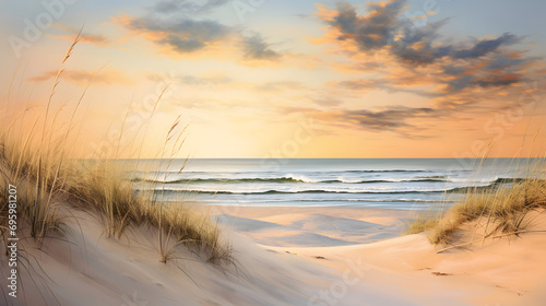 beauty of a serene beach shore during the golden hour background