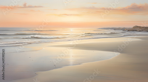 beauty of a serene beach during the golden hour  where the warm  ethereal glow bathes the sandy shore and gently reflects off the calm waters