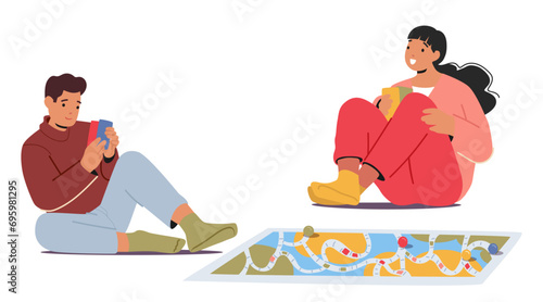 Couple Immersed In Joy, Sitting Cross-legged On The Floor, Playing Board Game with Pieces And Cards, Vector Illustration