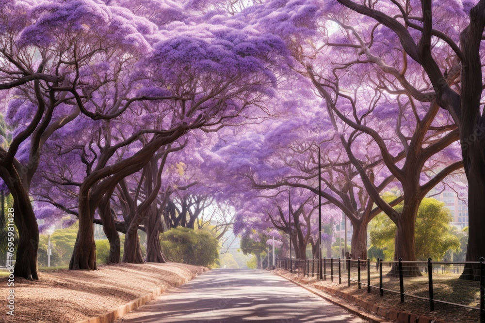 Obraz premium Sprawling Jacaranda trees park. Spring nature. Generate Ai